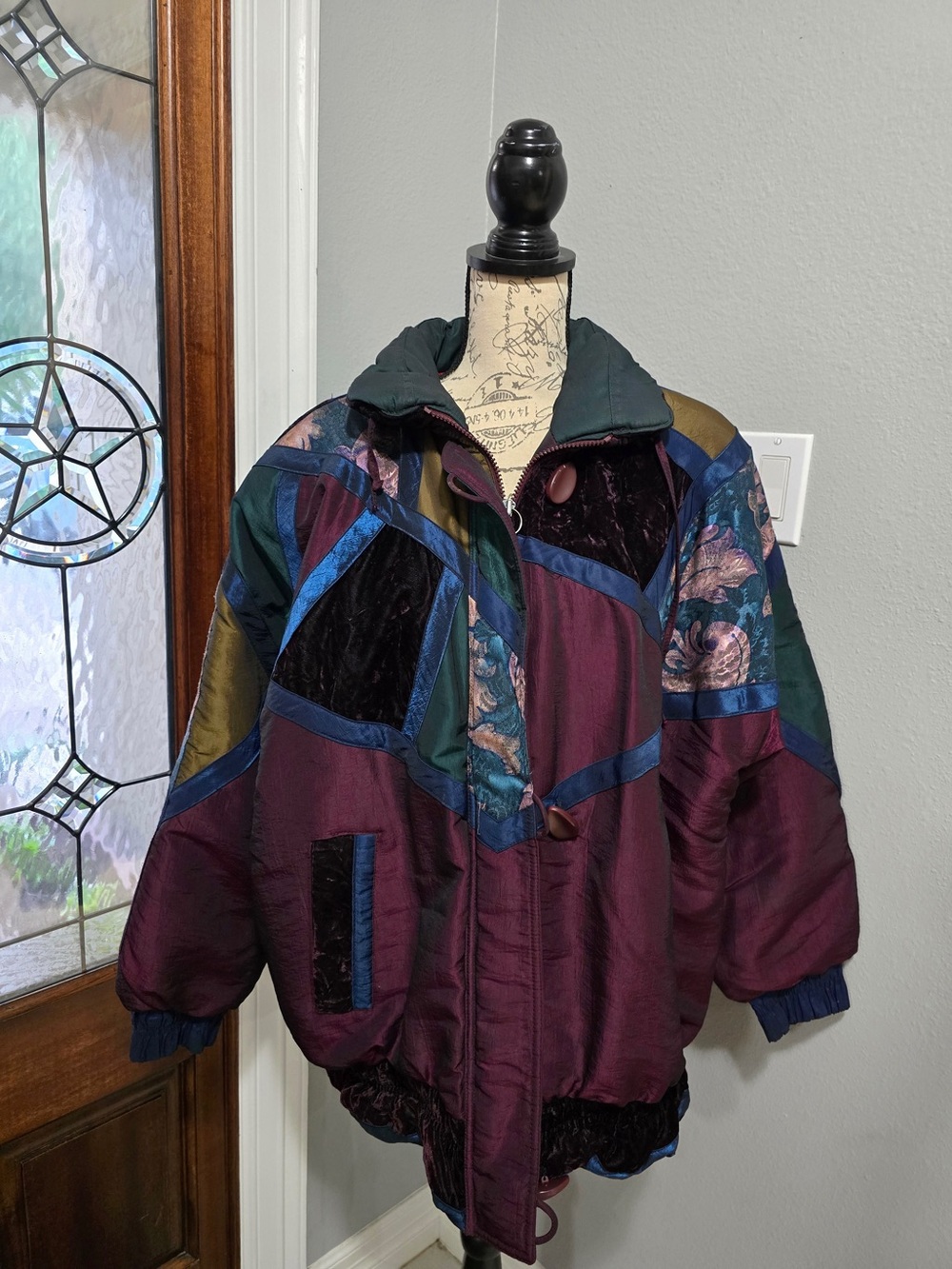 Mixed Blues Vintage Oversized Tapestry Patchwork Velvet Puffer Jacket Small